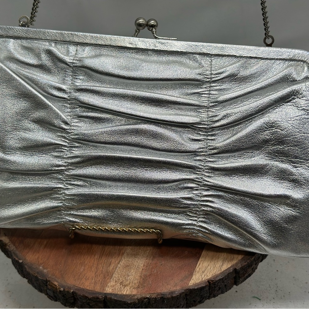 HOBO International Silver Ruched Leather Clutch Purse Kiss Lock Bag